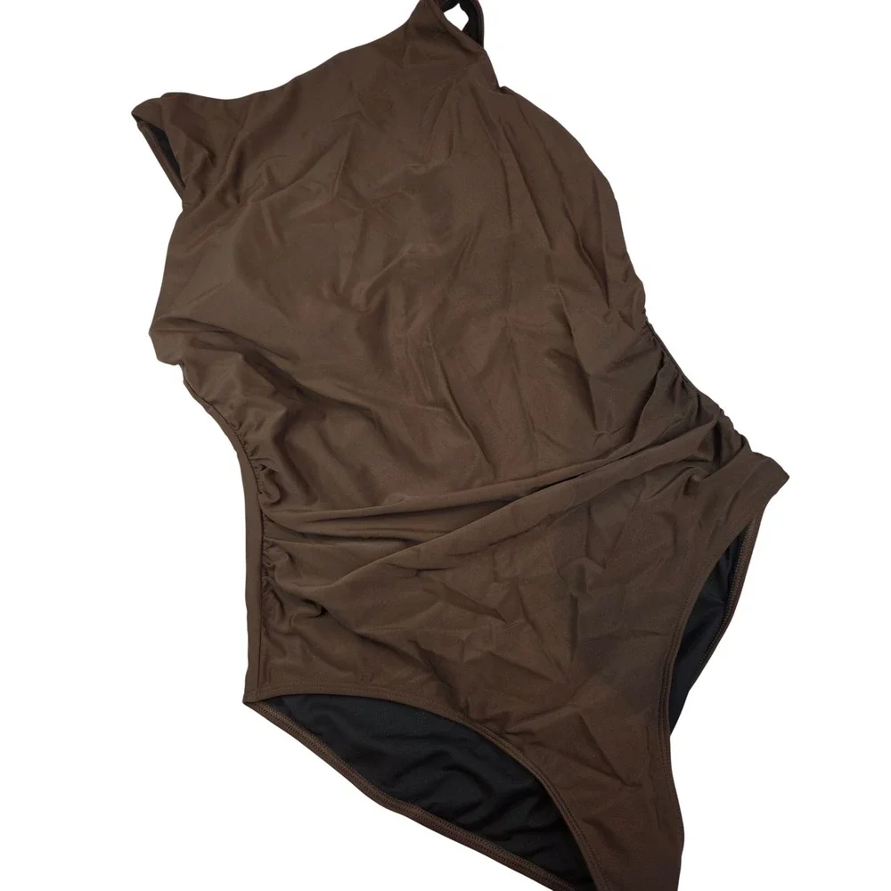 One Piece Swimsuit‎ Women L Brown Ruched Scoop Back Beach Chic 206 NWOT